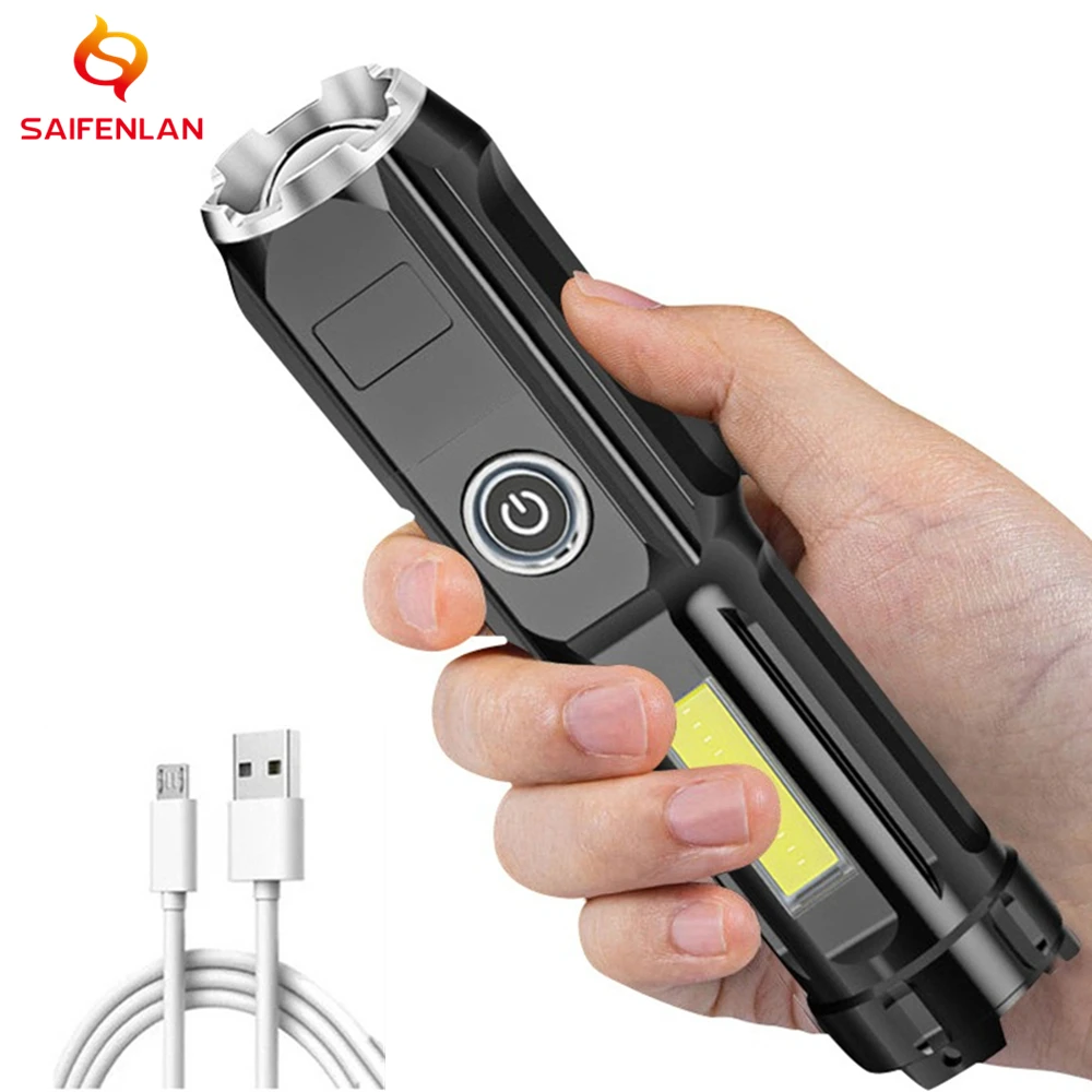 USB Rechargeable Mini LED Flashlight ABS Torch Telescopic Zo