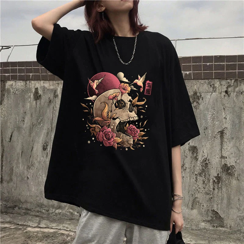 

LIFE AND DEATH Graphic T-Shirt Women Japanese Anime Print Short Sleeve Lady Hip Hop Top Summer Streetwear Casual Couple Tees