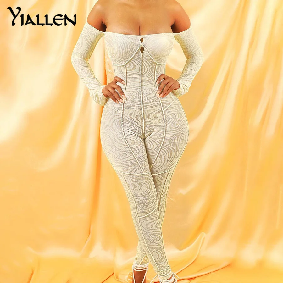 

Yiallen Autumn New Fashion Sexy Mesh Print Long Sleeve Backless Jumpsuit For Women Skinny Stretch Slim Beach Clubwear Romper