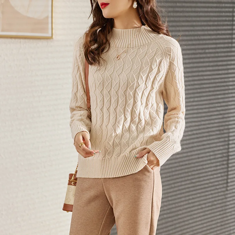 

Белый вязаный свитер, женские Полосатые Шерстяные простые офисные женские топы, пуловер с полувысоким воротником, зимний