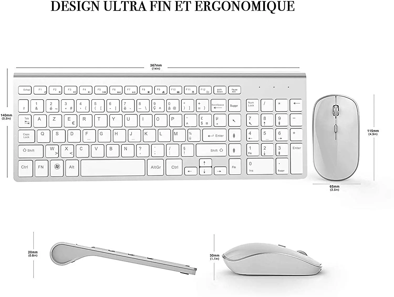 azerty french 2 4g wireless keyboard mouse ergonomic compatible with imac mac pc laptop tablet computer windows silver white free global shipping