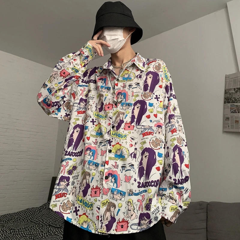 

Anime Print Long Sleeve Shirts for Men 2021 Spring New Vintage Casual Couple Clothing Fashions Chemise Homme Japanese Streetwear