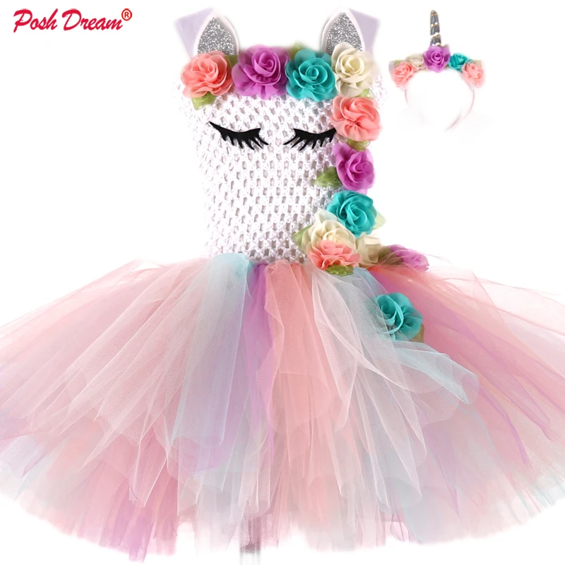 POSH DREAM Peach Pink Flower Kids Girls Party Dresses Unicorn Rainbow Cosplay Costume with Headband New Baby Cloth | Детская одежда и