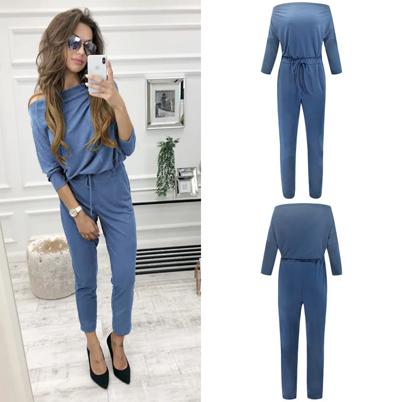 Элегантный весенне-осенний женский комбинезон с длинными рукавами поясом для