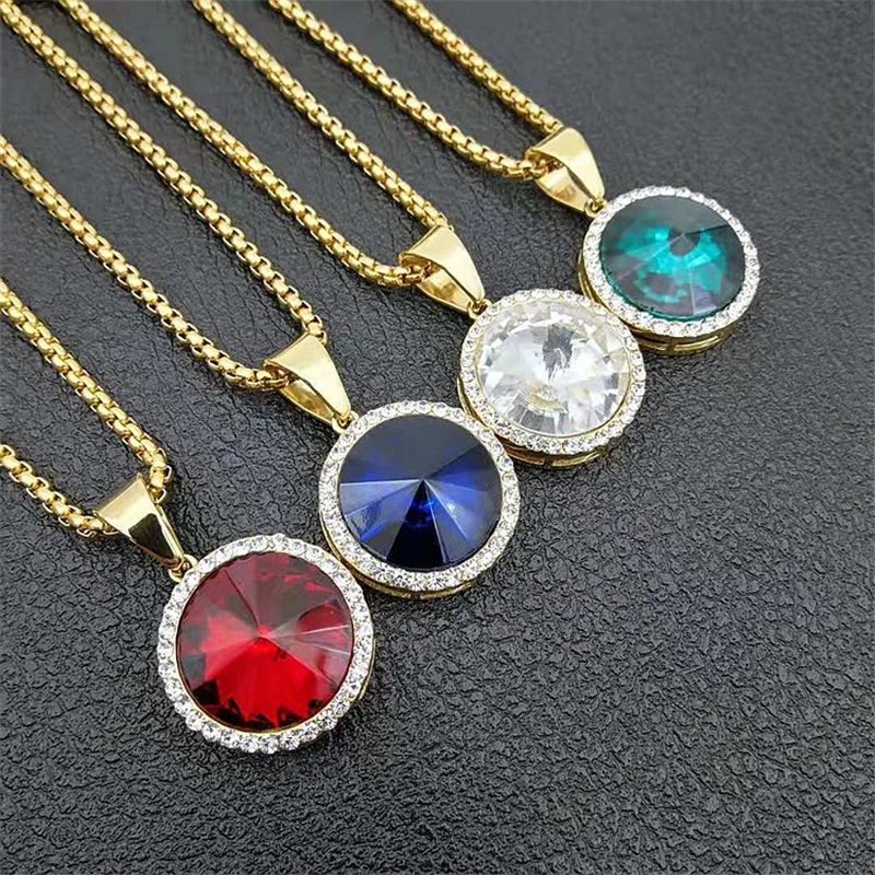 

Luxury Designs Stainless Steel Chain Necklaces For Women Fashion Large Multi Color Crystal Stone Pendant Men's Hip Hop Jewelry