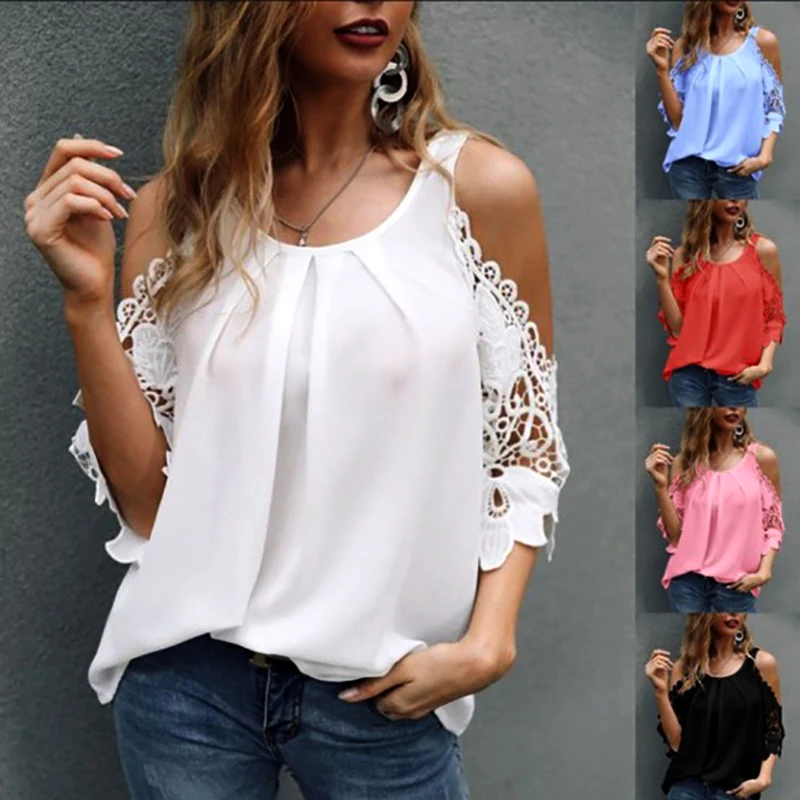 Fashion Woman Blouses 2022 New Summer Lace Round Neck Loose Lace Sexy Shoulder Half Sleeve Hollow Out 5XL Shirt Blouse Lady Tops