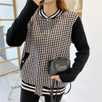 xisteps houndstooth women knitted cardigen thick sweater coat mandarin collar long sleeve winter femal ladies single breasted