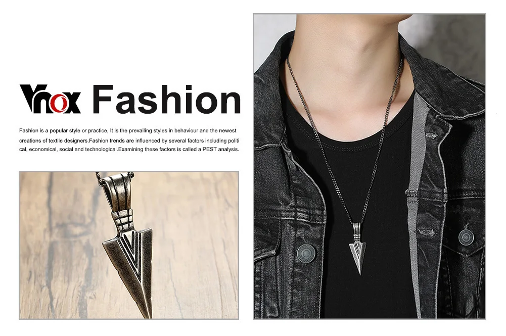 Vnox Mens Cool Vintage Arrow Pendant Necklace Multi-Color Stainless Steel Male Rock Punk Gifts Jewelry