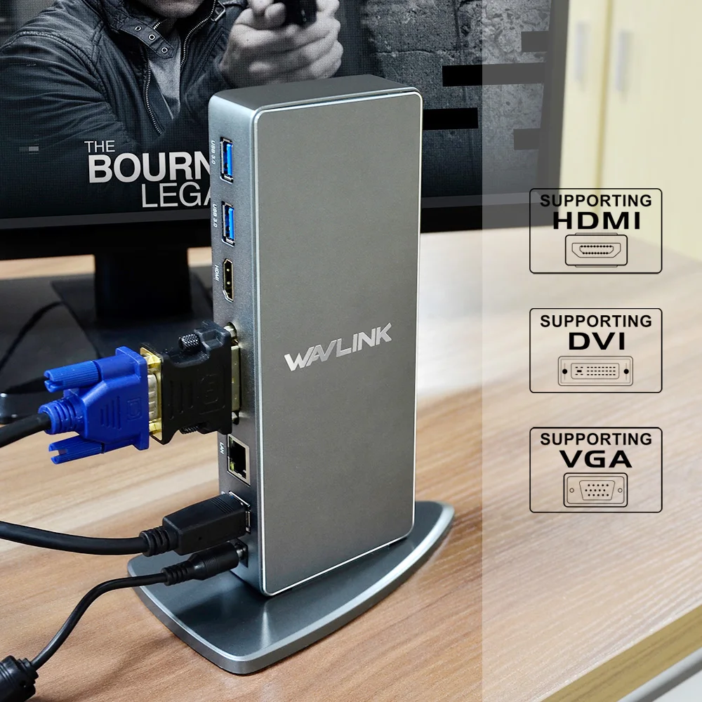 Full HD 2048x1152 USB 3.0 Universal Docking Station+RJ45/DVI/HDMI/VGA/MIC/Audio Port DisplayLink Gigabit Ethernet Online Working