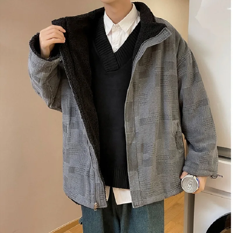 Denim Stitching Cotton Jacket Men's Retro Plus Velvet Thickening Imitation Lamb Wool Coat Tide Brand Ins Loose Winter Coat