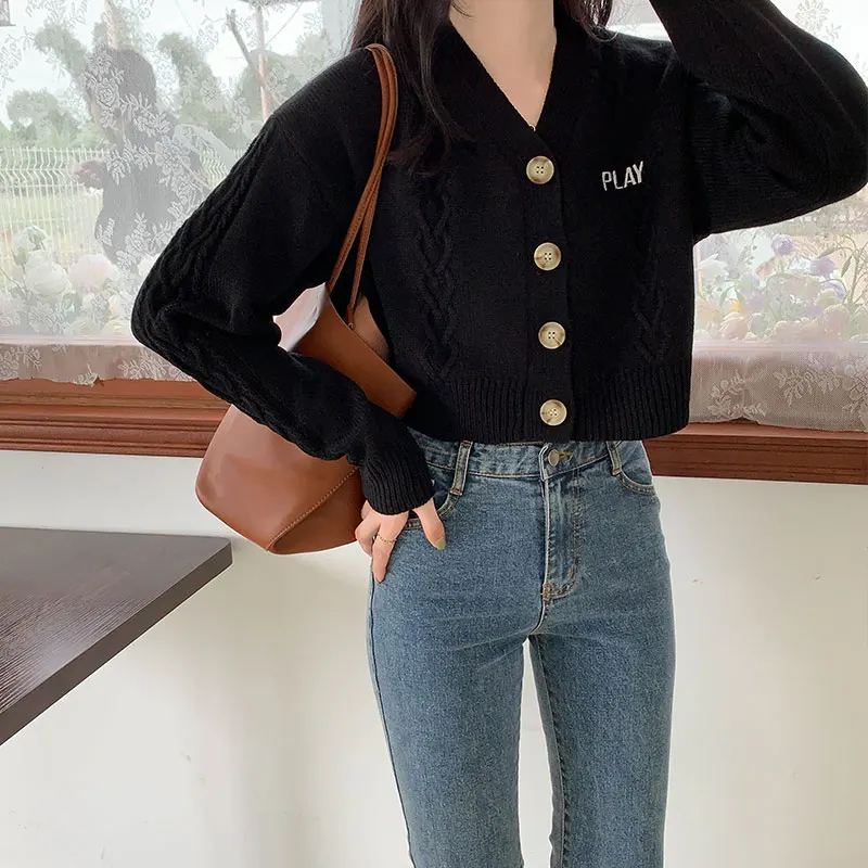 

3 colors Knitted Sweater Coat korean style Long Sleeve V-Neck letter embroidery short sweater Cardigans womens outwear (X1535)