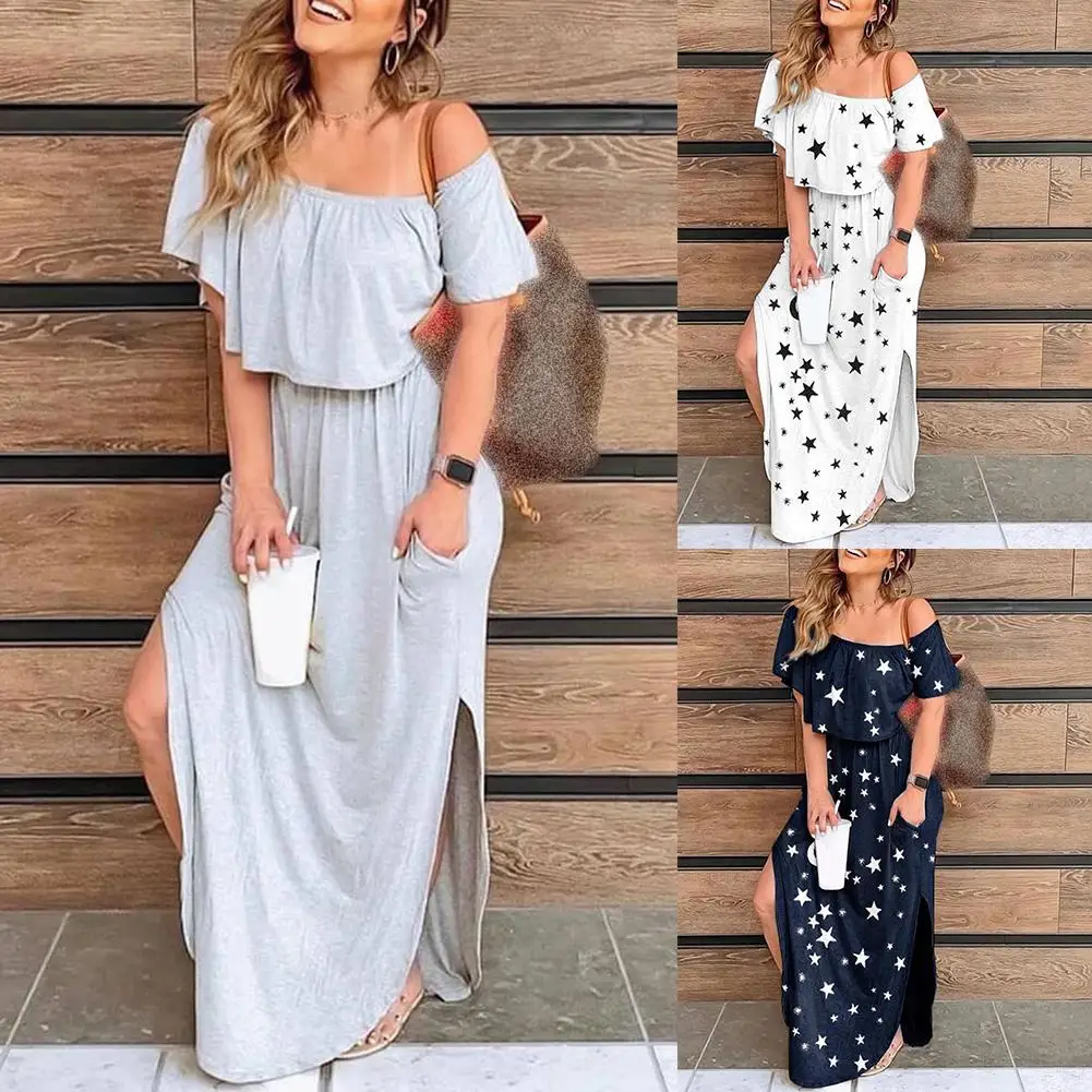 

Party Long Dress Women Summer Off Shoulder Short Sleeve Stars Print Ruffled Hem