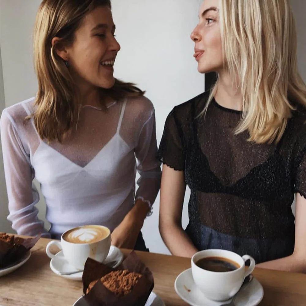 Сексуальная сетчатая блестящая женская модель весенние прозрачные черные