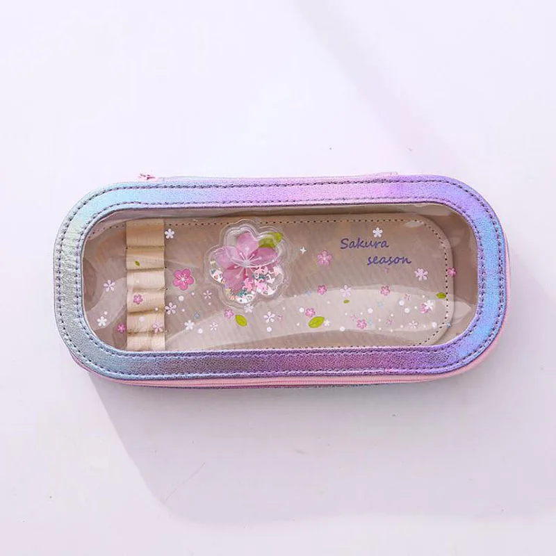 Кавайный чехол для карандаша и сверкающим узором сыпучего песка масла ПВХ пенал