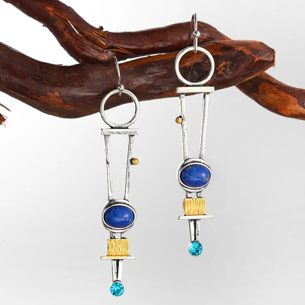 

Ins new Turquoise geometric shape Earrings Bohemian style electroplating Thai Silver Lapis inlaid with diamond two color Earring