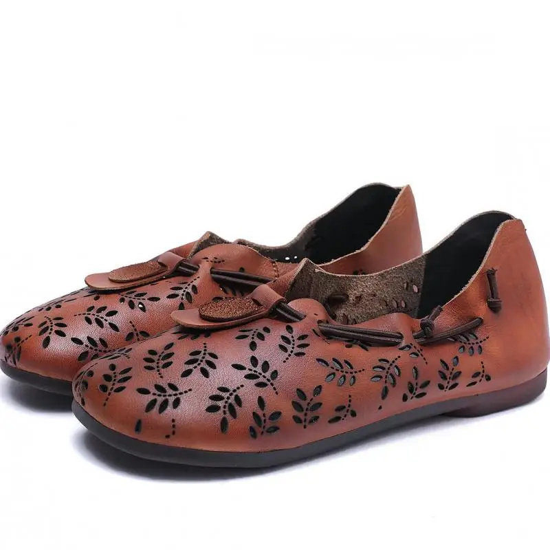 

Johnature 2021 New Spring Flat Shoes Woman Genuine Leather Slip-on Casual Shallow Round Toe Hollow Handmade Ladies Shoes