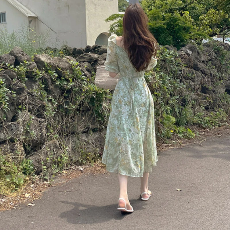

Summer Women's Green Dress Elegant Square Collar Half Sleeve Chiffon Printed Dress 2021 Female Vestidos