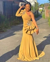 yellow mermaid prom dresses one shoulder satin with beads evening formal party gowns robes de mari%c3%a9e sweep train