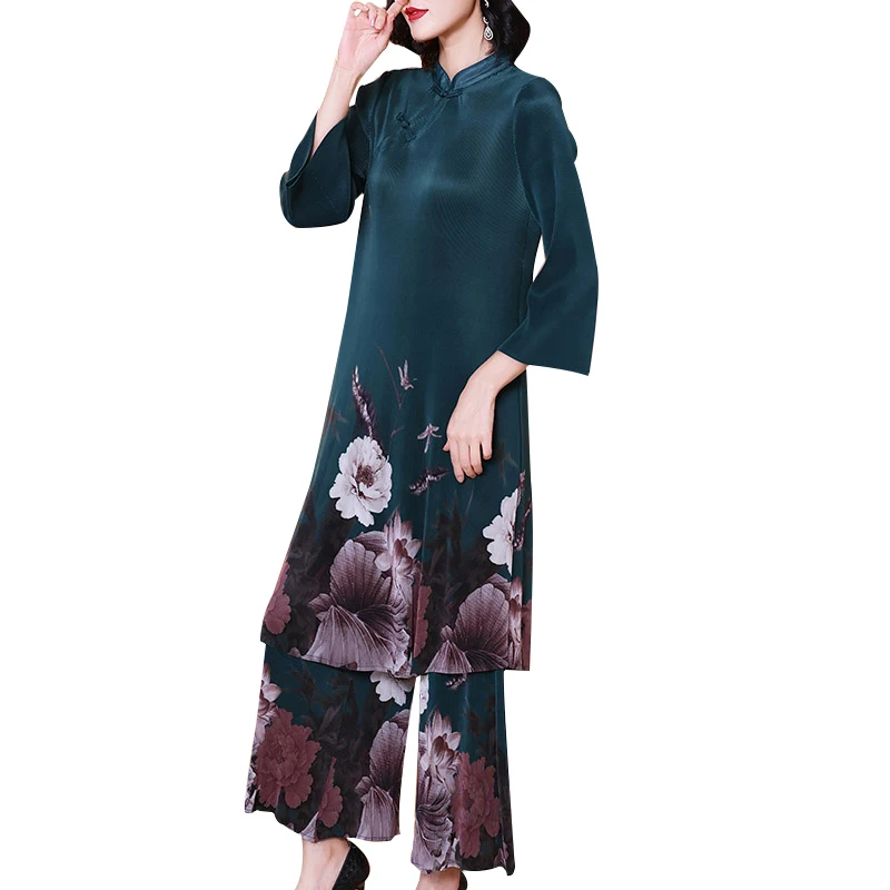 

Women's Clothing Set Plus Size For Women 45-75kg Autumn Miyake Pleated Stand Collar Printed Top + Elastic Waist Pants