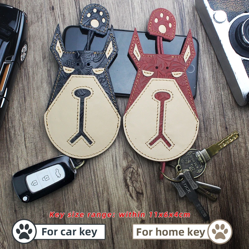 Cute Dog Pull Type Key Rings Car Smart Keychain Fob Hanging Genuine Leather Case Cover Key Wallet Key Housekeeper Holder Bag