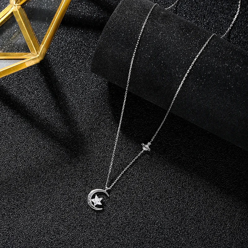 

XIAOBOACC S925 Sterling Silver Necklace with Zircon Moon Pendant Korean Fashion Temperament Women's Neck Chain Jewelry