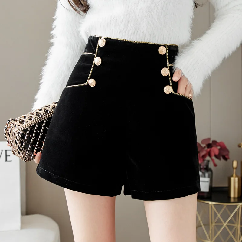 Black Velvet Wide Leg Shorts Women High Waist Buttons Slim Vintage Golden Double Short Pants Elegant Office Lady M532 | Женская одежда