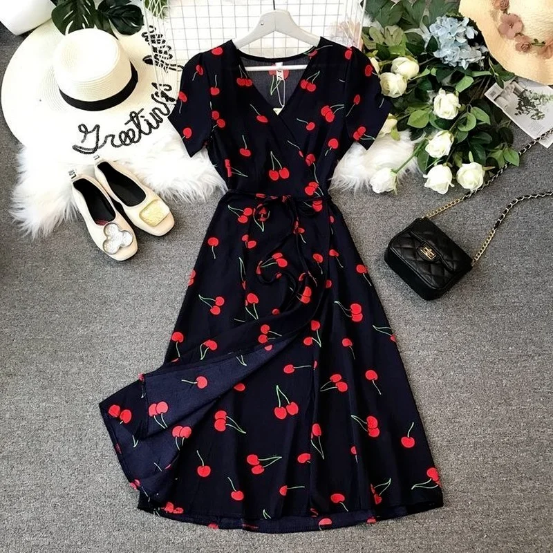 

V-neck dress chiffon cherry print short-sleeved retro mid-length waist skirt summer plus size women's clothing hot sale 2021 hot