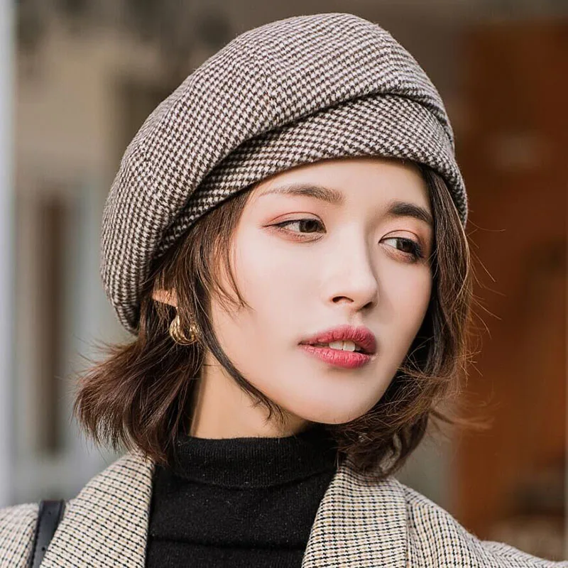 Элегантные женские винтажные хлопковые клетчатые шапки модный восьмиугольный