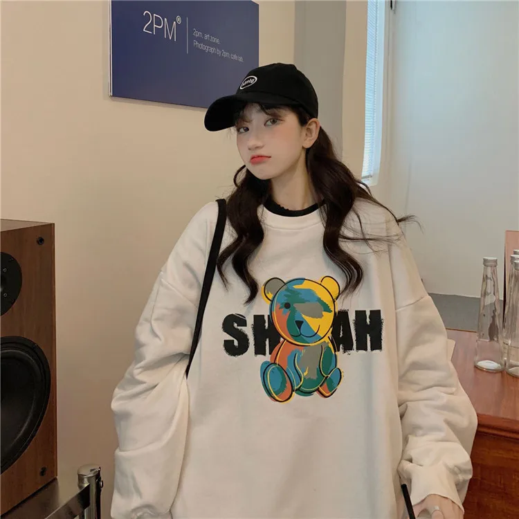 

Bear Printed Plush Sweatshirt For Women Autumn Winter 2020 New Korean Loose Large Coat Harajuku Style En*