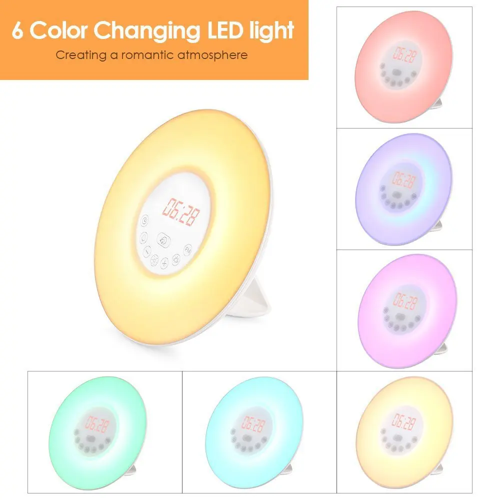 Цифровые светодиодные часы-Имитация восхода и заката с 6 цветсветильник/FM-радио/6