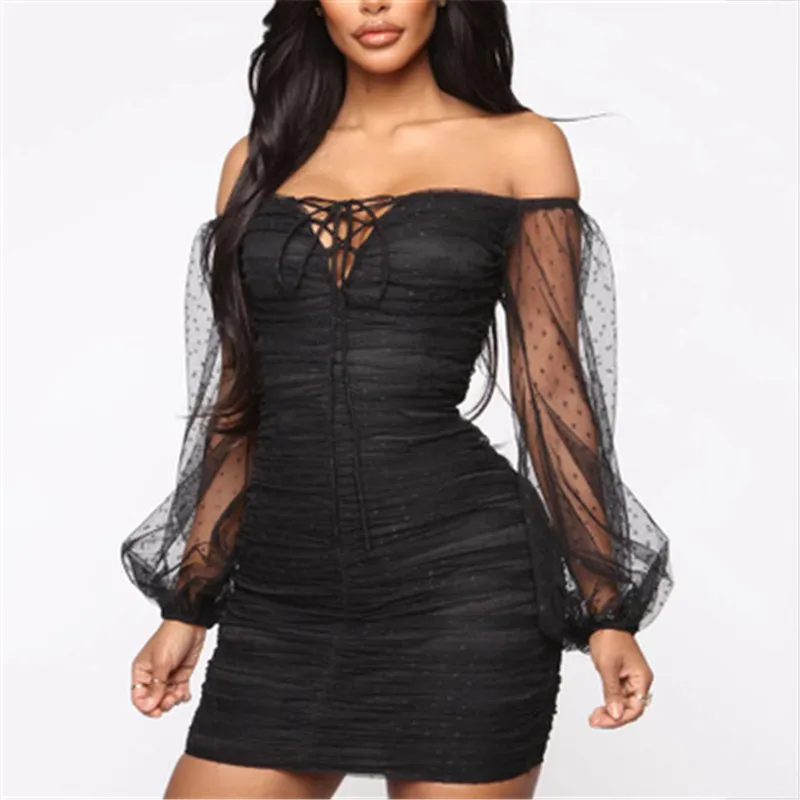 2020 женское сексуальное платье без бретелек в горошек Сетчатое кружевное