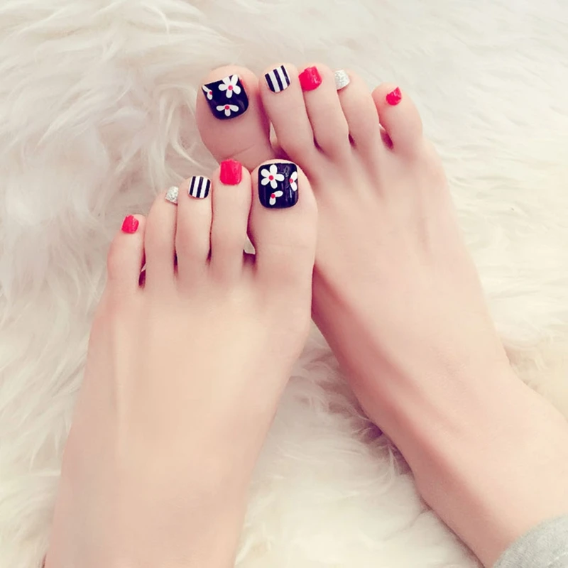

24pcs Artificial Fake Toe Nails Flower False Nail Tips For Summer Holiday J31 C1FF