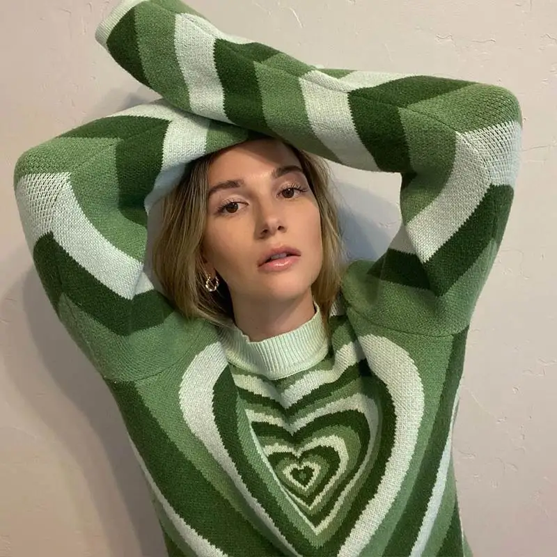 Y2K Aesthetics Knit Sweater Women Jumper Heart Striped Turtleneck Green Sweaters E-girl Pullover Long Sleeve Top Winter Knitwear