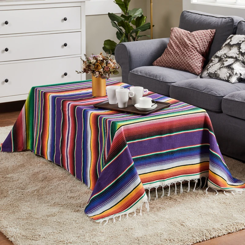

Boho Ethnic Style Beach Blanket Beach Towel Tassels Throw Rug Mexican Style Blankets Picnic Blanket Handmade Striped tablecloth
