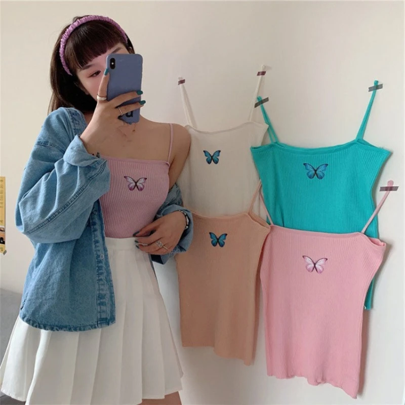 

Women Spaghetti Strap Tank Top Butterfly Print Ribbed Knit Slim Camisole Vest