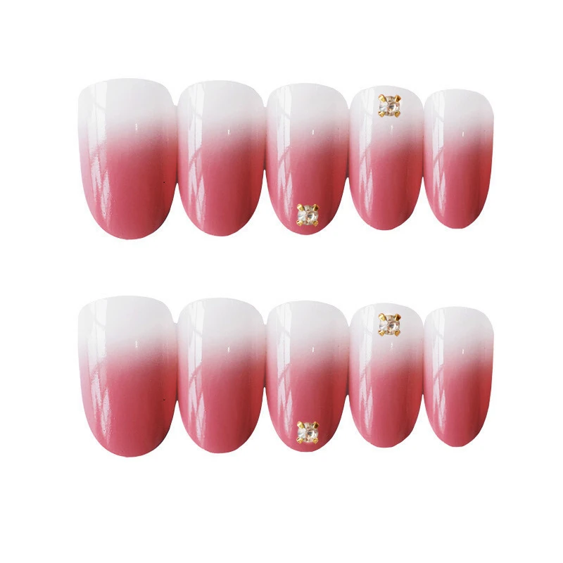 24pcs/Set Gradient Pink Fake Nails Artificial Pre-design Full Cover False Beauty Round Diamond Wedding Bride Nail Art Tips | Красота и
