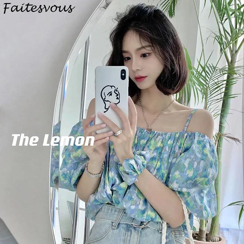 

2021 Summer New Elastic Chiffion Shirts Beach One-shoulder Tops Sling Floral Short Puff Sleeve Top With hair ring