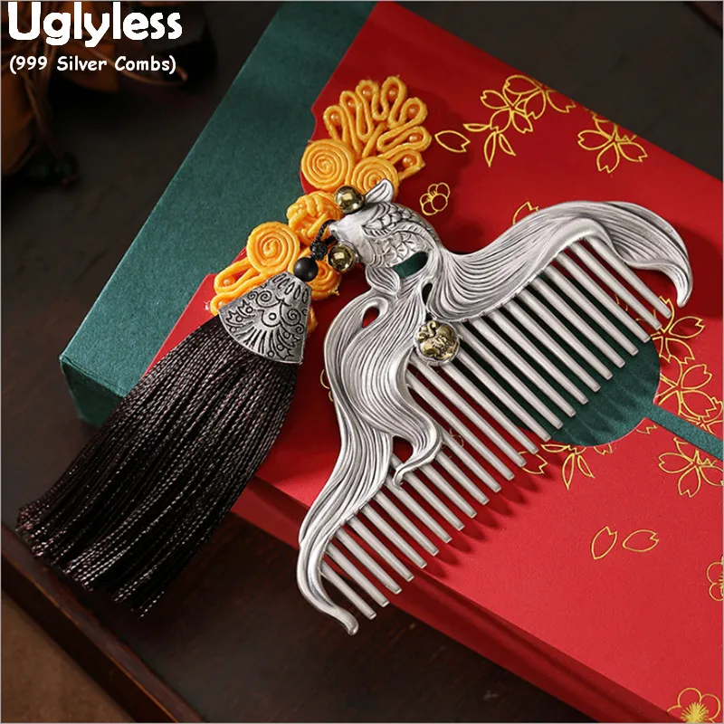 Женский гребень для волос из серебра 999 пробы с золотыми рыбками | Украшения и
