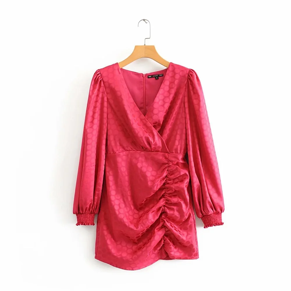 women's new fall double breasted V-Neck long sleeve front pleated with lined Polka Dot Satin Mini Dress 08342307630 | Женская одежда