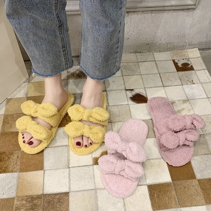 

2021 Autumn Winter Slippers Furry Slides for Women Shoes Woman Bow Knot Cute New Solid Plush Cotton Warm Fur Slippers Plus Size