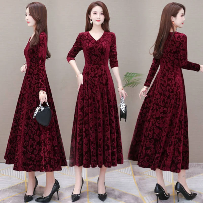 

New Women's V Neck Velvet Long Skirt Dress Long Sleeve Cocktail Party Prom Elegant Dress Velvet Long Party Ball Gown Cocktail