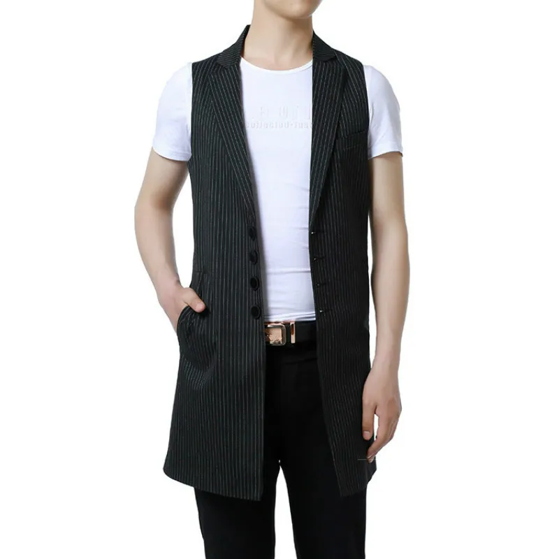 

Mens Vest Fashion Long Male Slim Fit Waistcoat Single Breasted Turn Down Collar Vest Men Classic Stripes Mens Vests Outerwear