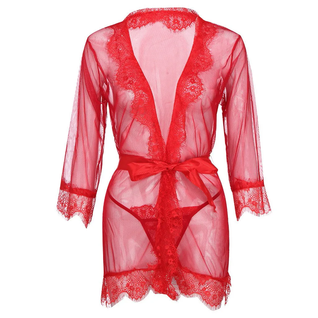 

Women Hot Nightwear Sexy Lace Lingerie Mesh Robe Erotic Underwear Female Clothes Babydoll G-string Set Perspective Lounge