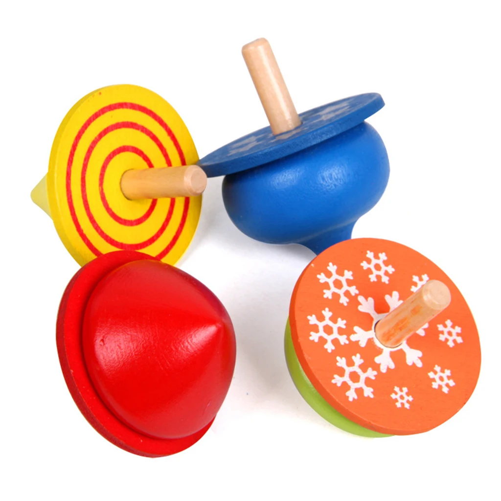 

Pack of 4 Handmade Painted Wooden Assorted Shapes Spinning Tops Rotating Gyroscope Kids Children Toy