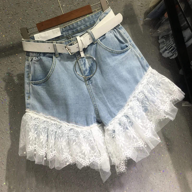 Кружевные сшитые джинсовые шорты женские летние свободные с высокой