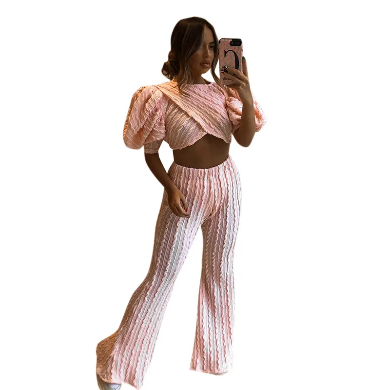 

Женский комплект из двух предметов, повседневный укороченный Топ с длинным рукавом и круглым вырезом и брюки с широкими штанинами, осень 2021