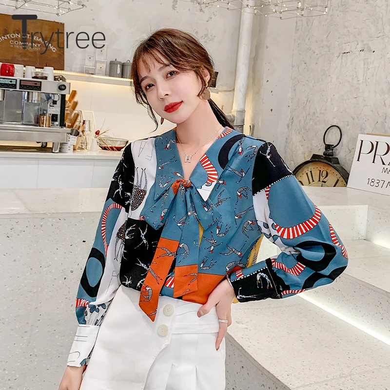 Trytree 2020 Весенняя женская блузка повседневная отложной воротник бант кнопка