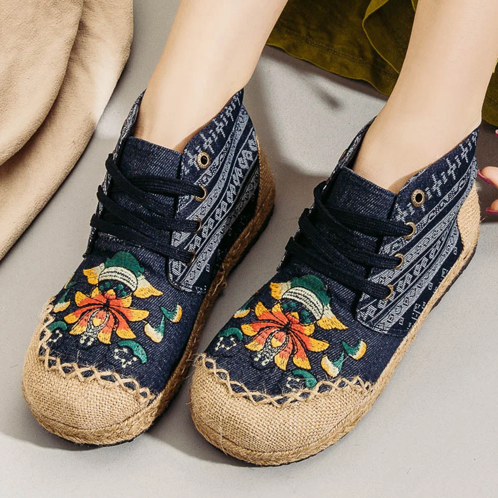 ZFTL Women Ethnic style embroidered shoes Flat heel linen embroidered women's shoes Spring mid-cut cloth shoes Female Loafers