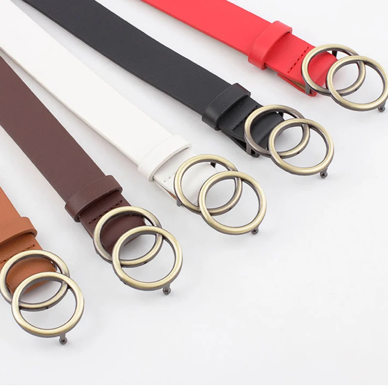 Женские ремни с двойной круглой пряжкой модные золотистые кожаные высокого