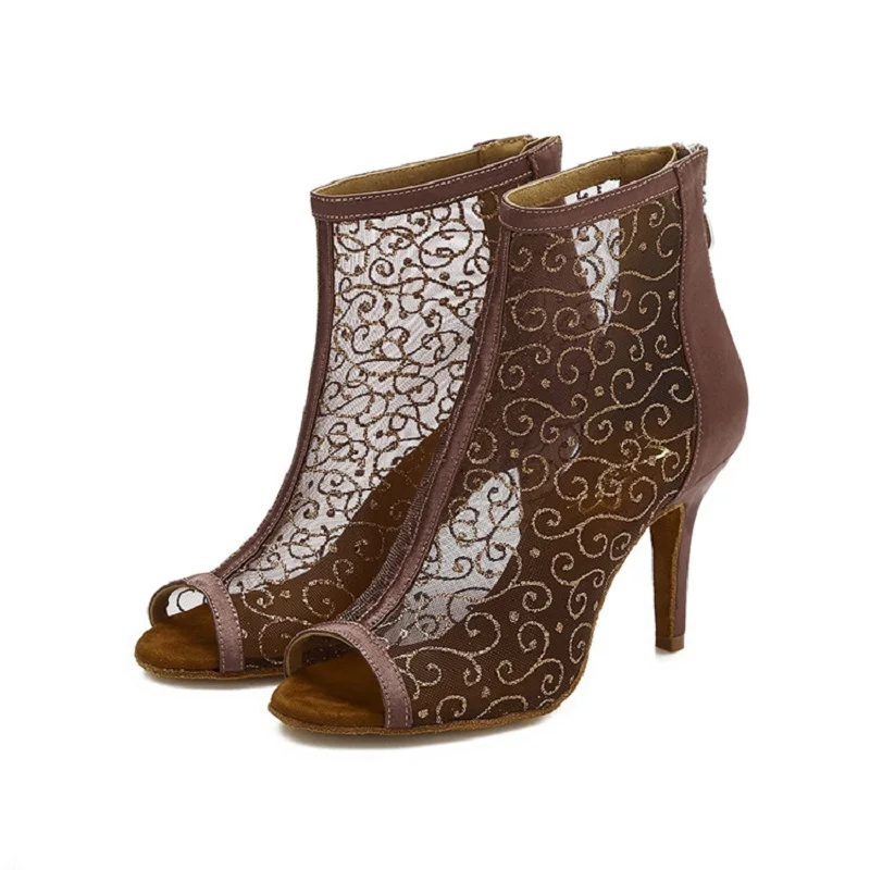 

Сатин с сеткой для Для женщин Размеры; Большие размеры США 4-12 с открытым носком профессиональный Высота каблука 8,5 см Туфли для латинских та...